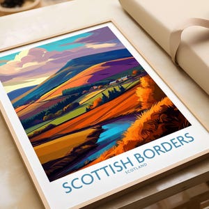 Schottland Herbst Tal Reise Poster Scottish Borders Landschaft Druck Wand Kunst Hügel Schottland Geschenk Kunstliebhaber Illustration Eildon Hills