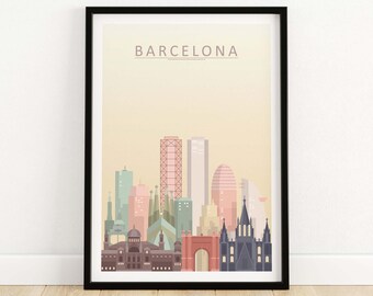 Barcelonas silhuetttryck | Väggkonstposter | Barcelonas stadstryck | Stadsbildskonstverk | Spanien väggdekor | Barcelona-present | Barcelona-tryck