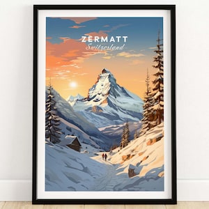 Póster de viaje de Zermatt / Regalo de cumpleaños / Regalo de aniversario de bodas / El mejor regalo para ella / Regalo de arte de pared personalizado para él
