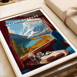 Orient Express Train Print | Vintage Rail Travel Decor featuring a scenic view from a train window.