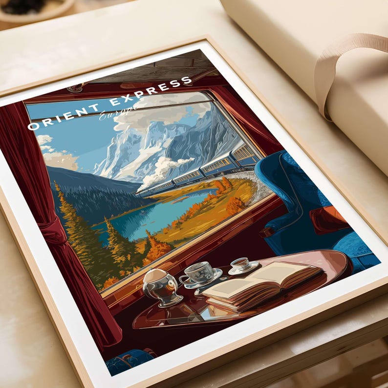 Orient Express Train Print | Vintage Rail Travel Decor featuring a scenic view from a train window.