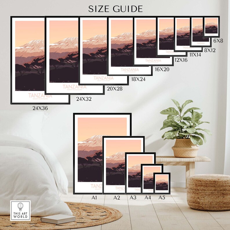 Puede incluir: Gu&iacute;a de tallas para una impresi&oacute;n de un paisaje de monta&ntilde;a con el texto "Tanzania" en rosa. La impresi&oacute;n est&aacute; disponible en 10 tama&ntilde;os diferentes, que van desde 6x8 pulgadas hasta 24x36 pulgadas.