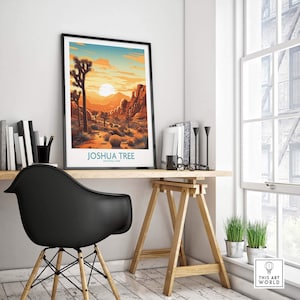 Joshua Tree Wall Art Poster displayed in a stylish home office with a sunsetting landscape.