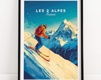Les 2 Alpes Ski Art Print: Vintage French Alps Travel Poster