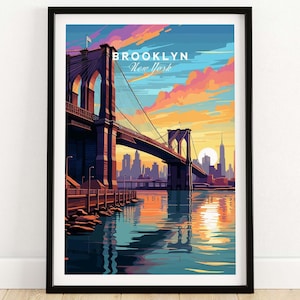 Stampa del ponte di Brooklyn, poster da viaggio, decorazione murale vintage di New York, decorazione del paesaggio urbano, regalo per viaggiatori e amanti di New York
