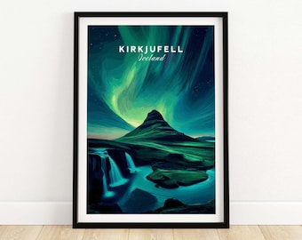May include: Framed art print showing Kirkjufell, Iceland. The image displays a mountain, waterfalls, and a river beneath a vivid aurora borealis. The text "KIRKJUFELL Iceland" is at the top of the print.