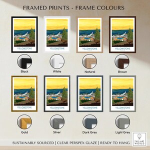 Yellowstone National Park art print with various frame color options including black, white, natural, brown, gold, silver, dark grey, and light grey.