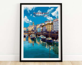 Lámina decorativa de un colorido pueblo costero de Guernsey / Decoración de pared de las Islas del Canal