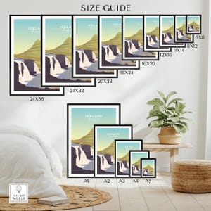 Iceland Kirkjufell travel poster size guide for wall art decor, available in multiple frame sizes