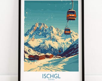 Impresión artística de pared de Ischgl, póster de Austria, póster de la estación de esquí de Ischgl, obra de arte de deportes de invierno, aventura, decoración del hogar, arte de pared de esquí, regalo para esquiadores