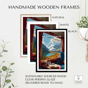 Orient Express Train Print | Vintage Rail Travel Decor displayed in handmade wooden frames in natural, white, and black.