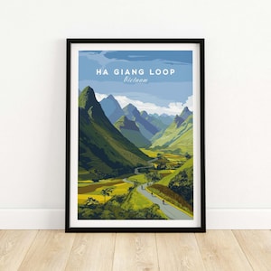 Ha Giang Loop Vietnam Travel Print Wide Valley Poster Motorbike River Landscape Art Ha Giang Loop Vietnam Gift Art Lovers Illustration
