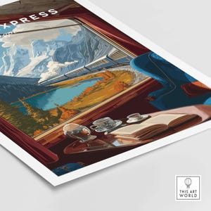 Orient Express Train Print | Vintage Rail Travel Decor featuring scenic views from a train window with elegant interior.