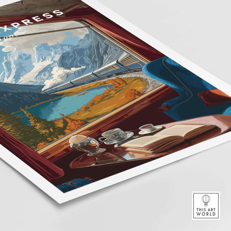 Orient Express Train Print | Vintage Rail Travel Decor featuring scenic views from a train window with elegant interior.
