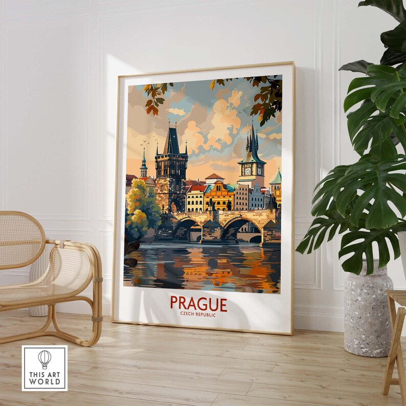 Prague Travel Poster featuring stunning views of the historic city and iconic architecture in a stylish interior setting.