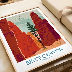 Framed Bryce Canyon National Park art print with red rock formations and pine tree