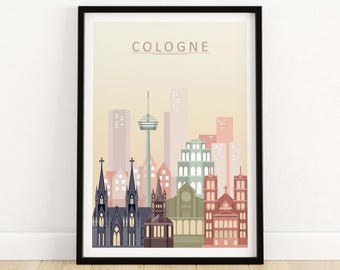 Cologne City Skyline Print | Wall Art Poster | German City Wall Decor | Cologne Germany Cityscape Gift | Cologne Digital Pastel Artwork