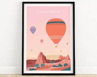 May include: A colorful illustration of hot air balloons flying over a landscape with red rock formations. The text "Cappadocia" is at the top of the image.