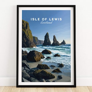 May include: A framed art print featuring a coastal landscape of the Isle of Lewis, Scotland. The artwork depicts a beach with large rocks, sea stacks, and crashing waves under a blue sky. Text at the top reads "Isle of Lewis Scotland."