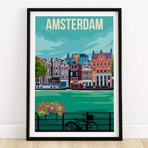 Amsterdam Skyline Print, Vintage Travel Art, Netherlands Cityscape Poster