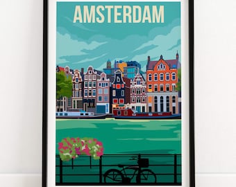Amsterdam Print, Amsterdam Poster, Wall Art, Amsterdam Skyline, Netherlands Travel Gift, Vintage Travel Art, Amsterdam City Art, Wall Decor
