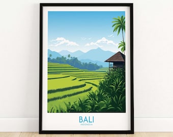 May include: A colorful illustration of a rice paddy field in Bali, Indonesia. The image features a small hut, palm trees, and a mountain range in the background. The text "BALI INDONESIA" is printed at the bottom of the image.