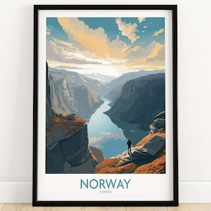 Impresión de viaje para pared sobre fiordos, póster para decoración del hogar, regalo, ilustración digital