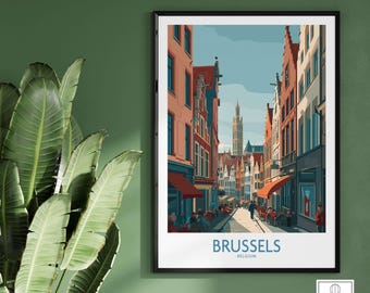 Bryssel Belgien Väggkonsttryck - Europeisk huvudstadsdekor, reseposter, modern heminredning, present till Europaälskare