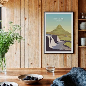 Iceland Kirkjufell travel poster with mountain, waterfall, and car, perfect for home wall art decor.