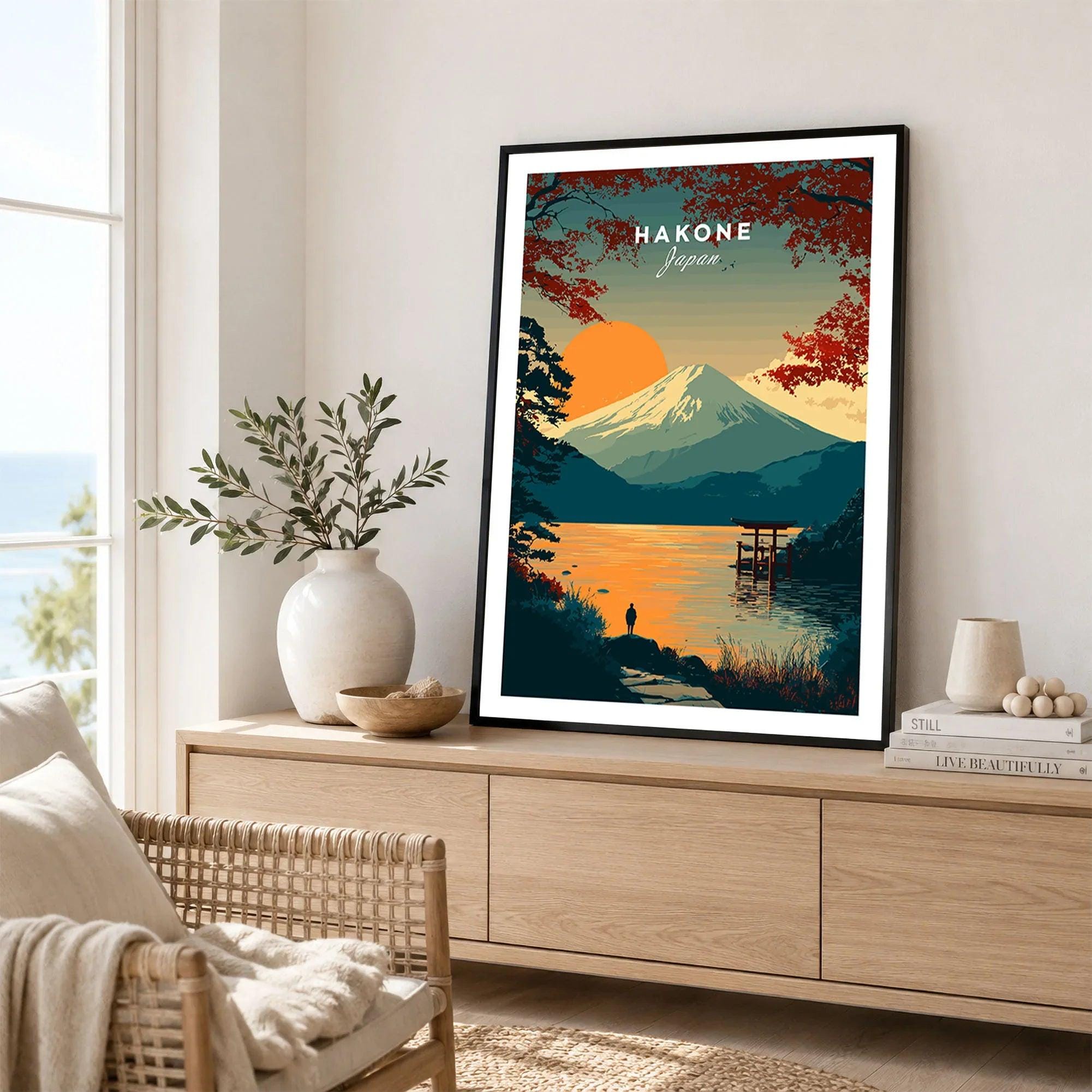 箱根の鳥居と富士山の夕日ポスター - 日本の壁掛けアート、家の装飾に