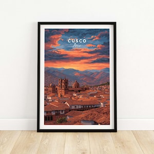 Impresión de Cusco / Decoración de pared de viaje a Perú, arte del horizonte de la ciudad de Sudamérica, paisaje vibrante, arte de pared con o sin marco, regalo de viaje