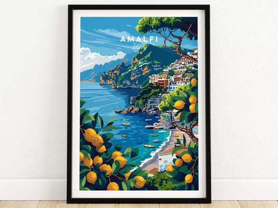 Amalfi Print Italy Travel Poster, Coastal Wall Decor, Bright Artwork, Gift For Art Lover, Holiday Home Decoration