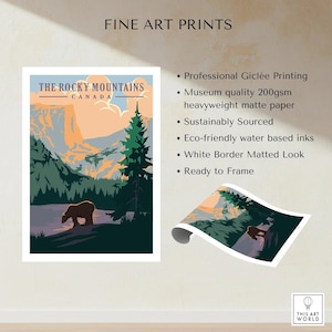 Rocky Mountains Canada art print with bear, mountain landscape, and forest, unframed