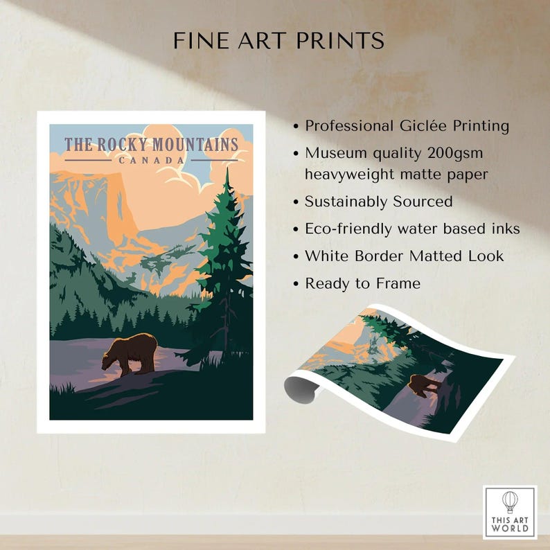 Rocky Mountains Canada art print with bear, mountain landscape, and forest, unframed