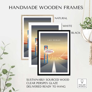 May include: Three framed prints of a Las Vegas cityscape with the iconic "Welcome to Fabulous Las Vegas" sign. The frames are available in natural wood, white, and black.