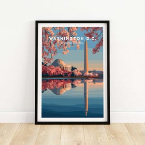 Washington D.C. Poster | Jefferson Memorial & Washington Monument Print with Cherry Blossom Wall Art | Cityscape Decor for Home or Office
