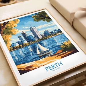 Impresión de arte mural de Perth, póster minimalista del horizonte de la ciudad, decoración moderna australiana para el hogar, regalo de viaje, ilustración de paisaje urbano