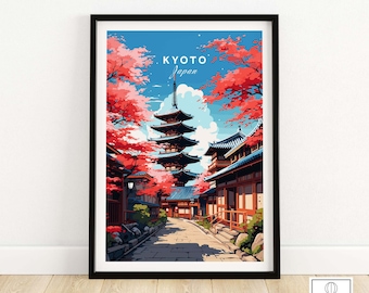 May include: A colorful illustration of a pagoda in Kyoto, Japan. The pagoda is surrounded by red cherry blossom trees and traditional Japanese buildings. The text "KYOTO Japan" is at the top of the image.