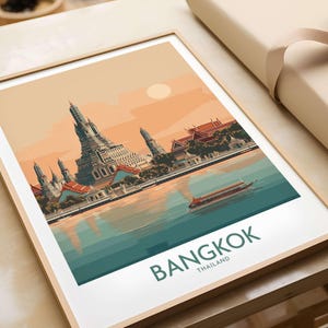 Bangkok Poster Temple of Dawn Print - Historic Thailand Landmark Wall Art, Thai Travel Decor, Vintage Style Cityscape Illustration
