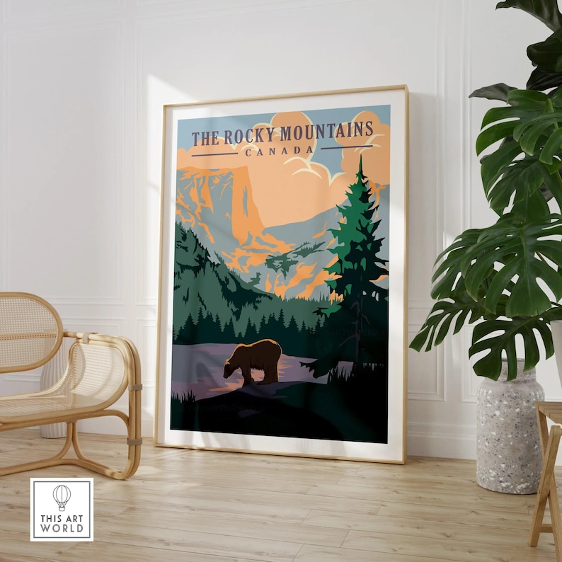 Rocky Mountains Canada framed travel poster with bear, modern wall art in a living room.