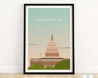 May include: A minimalist illustration of the United States Capitol Building in Washington DC. The building is depicted in a light pink color with a white dome and a green background.