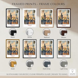 Prague Travel Poster framed in various colours including black, white, natural, and brown options.