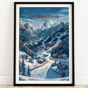 Impressão de viagem Courmayeur Arte de parede Pôster de estação de esqui Courmayeur Arte de esportes de inverno Aventura Decoração de casa Presente Amantes da arte Pôster de arte de esqui