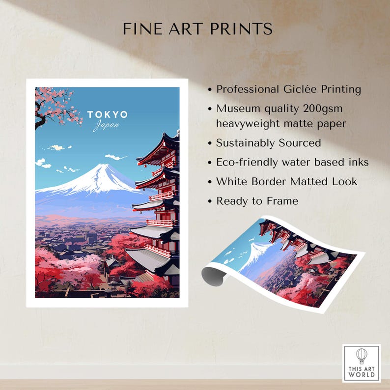 Tokyo Travel Poster featuring Mount Fuji and cherry blossoms, perfect for home decor and gifts.