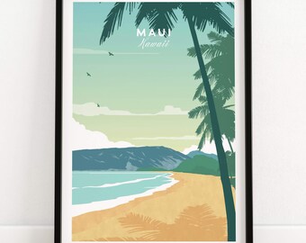 Maui Wall Art Print, Hawaii Beach Poster, Tropical Minimalist Artwork, Hawaiian Wedding Gift, Honeymoon Decor, Beach Tropical Wall Decor