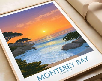 Monterey Bay California Poster, Beach Wall Art, Coastal Sunset Print, Ocean Landscape Decor, Travel Gift for Beach Lovers
