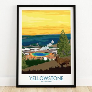 Yellowstone National Park art print with elk, colorful hot spring, and sunset in black frame