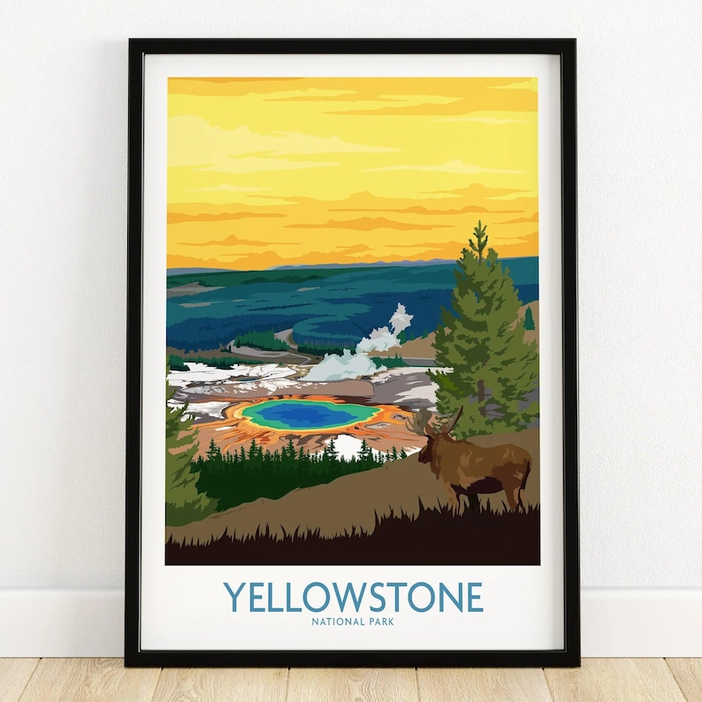 Yellowstone National Park art print with elk, colorful hot spring, and sunset in black frame