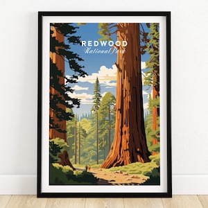 Póster del Parque Nacional Redwood, impresión artística, impresión de viaje, póster de decoración del hogar, regalo, ilustración digital, regalo de cumpleaños