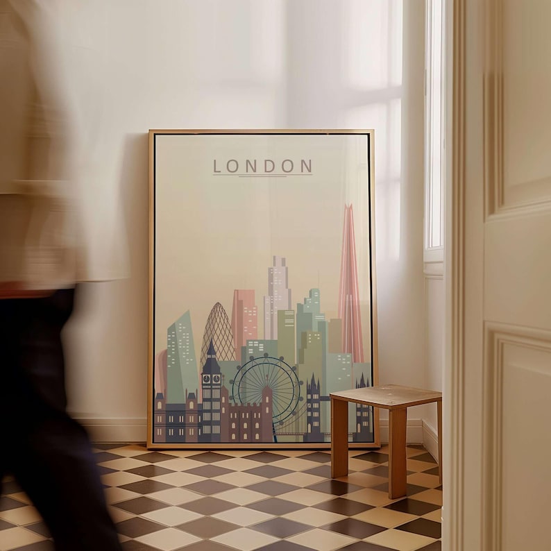 London Skyline Print | Wall Art featuring a serene cityscape in beige tones.